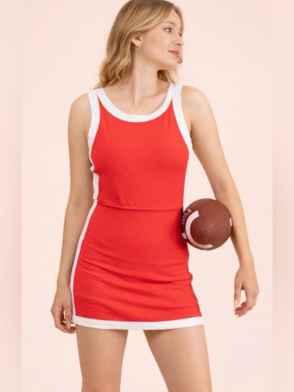 195. Red Activewear Dress with White Trim